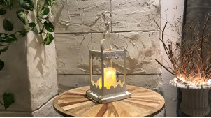 Lanterne blanche en bois et métal de style romantique finition blanc et éclats dorés, 51cm