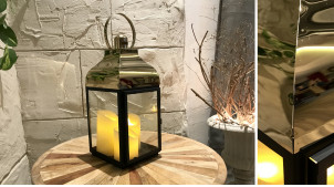 Lanterne élégante en métal finition charbon et doré chromé, ambiance moderne, 41cm