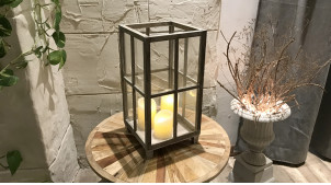 Lanterne carrée en bois de sapin finition vieilli, style campagne rustique, 50cm