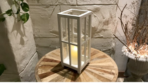 Lanterne en bois de sapin finition blanc ancien, style rustique romantique, 41cm