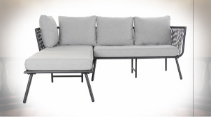 Canapé d'extérieur en aluminium finition noir charbon et coussin gris, ambiance moderne