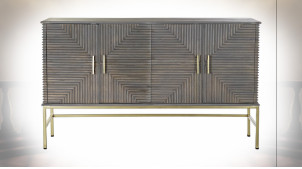 Buffet 4 portes en bois de manguier gris acier, pieds en métal finition laiton ambiance moderne