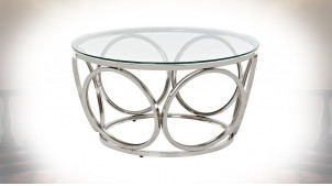 Table basse ronde en métal de style moderne, finition chromé argent, Ø60cm