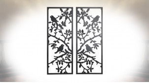 Diptyque en métal finition noir charbon avec représentation d'arbre et colonie d'oiseaux perchés, 91cm