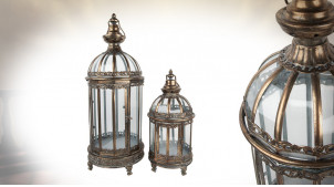 Série de lanternes rondes en métal et verre finition doré cuivré effet vieilli, 66cm