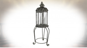 Grande lanterne sur pieds en métal et verre finition gris vieilli, ambiance vintage, 106cm