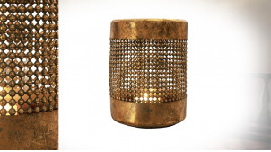 Lanterne cylindrique en métal finition doré vieilli, ornements esprit billes soudées, Ø34cm