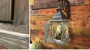 Lanterne en bois effet vieilli et verre avec fenêtres en croisillons, 38cm