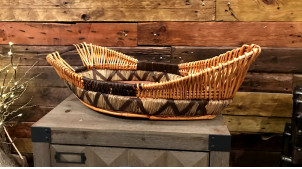 Corbeille en bois, osier et corde en forme de bateau