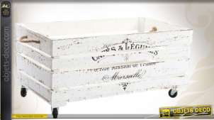 Caisse vintage en bois coloris blanc avec roulettes