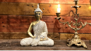 Statuette de bouddha en position du lotus finition blanchie et dorée 27 cm
