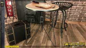 Table ronde de style indus avec hauteur ajustable, plateau effet liteaux bruts