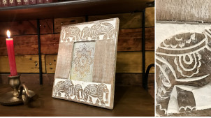 Superbe cadre photo en bois sculpté et vieilli : motifs éléphants orientaux