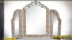 Miroir de coiffeuse à 3 pans de style rétro en manguier sculpté 55 cm