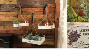 Série de trois jardinières suspendues en bois et cordages 48 x 30 cm