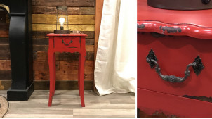 Table de nuit haute en bois finition rouge antique, patiné oxydé, 1 tiroir, 65cm
