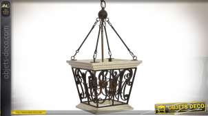 Suspension à 4 feux en bois et métal façon ancienne lanterne suspendue 80 cm