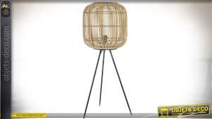 Lampadaire cage en bambou sur piètement en trépied métal noir 90,5 cm