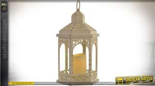 Lanterne décorative en métal coloris crème avec bougie LED 35 cm