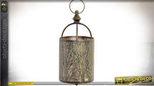 Lanterne cylindrique bougeoir suspendue en métal cuivré 32 cm