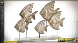 Sculpture sur socle banc de poissons exotique en bois sculpté 73 cm