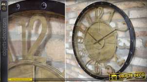 Grande horloge murale ronde en métal noir et doré style industriel Ø 70 cm