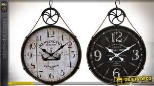 Duo d'horloges rétro et indus. en bois et métal, noir et blanc 71 cm