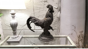 Sculpture de coq en fonte sur socle, finition métal oxydé, 33 cm