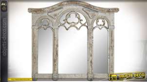 Miroir mural en triptyque de style gothique patine blanche vieillie 85 cm