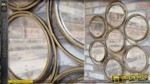 Miroir multifacettes avec 7 miroirs ronds secondaires métal doré vieilli Ø 70 cm