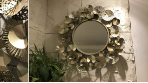 Grand miroir mural en métal vermeil encadrement effet nénuphars Ø 72 cm