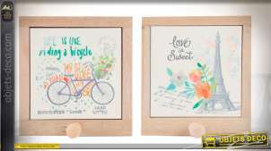 Tableaux en bois avec crochets et motifs rétro, bicyclette et Tour Eiffel