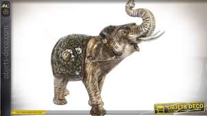 Statuette animalière : éléphant finition gris métallisé et vieilli 31 cm