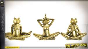 Série de 3 grenouilles pratiquant le yoga, finition dorée brillante 15 cm