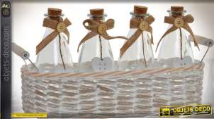 corbeille décorative en osier blanchi avec 4 petites bouteilles en verre 37 cm
