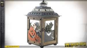 Lanterne rétro en bois et métal ornementée sur le thème Halloween 36 cm