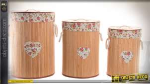 Série de 3 paniers à linge cylindriques en bambou et tissu à motifs fleuris 54 cm