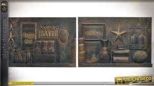 Duo déco murales en bois finition bronze doré vieilli sur le thème du bain 60 cm