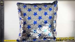 Coussin argenté à paillettes réversibles motifs étoiles bleues 40 x 40 cm