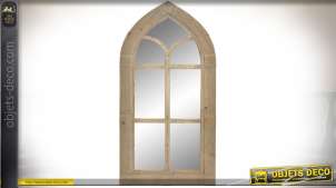 Grand miroir en forme de fenêtre gothique en bois clair vieilli 137 cm