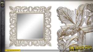 Miroir carré avec encadrement en bois, esprit feuilles entrelacées, patine dorée 60cm