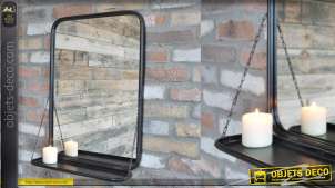 Miroir en métal noir, tablette avec chainettes, style industriel de 70cm