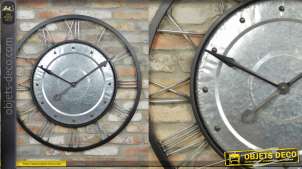 Grande horloge murale en métal, double encadrement, inspiration enjoliveur, 90cm