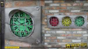 Horloge murale en métal style feu tricolore de circuit automobile, 3 cadrans colorés