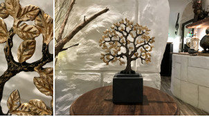 Représentation d'un arbre en métal monté sur socle, finition charbon et cuivré, ambiance trophée nature, 31cm