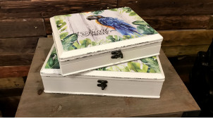 Série de deux boites décoratives de rangement, en bois et toile imprimée de motifs tropicaux et perroquets, 33cm