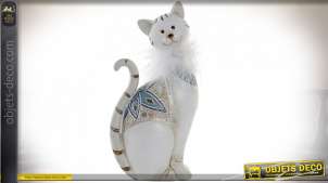 Statuette de chat en résine finition blanc brillant, mosaïque de miroir sur le dos du félin, 23cm