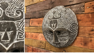 Décoration murale en bois de suar massif, masque africain sculpté, finition blanchie, Ø43cm