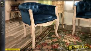 Fauteuil esprit Louis XV en bois clair blanchi et velours finition ClassicBlue