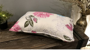 Coussin rectangulaire en coton épais, grosses fleurs roses sur fond blanc cassé, 60x40
